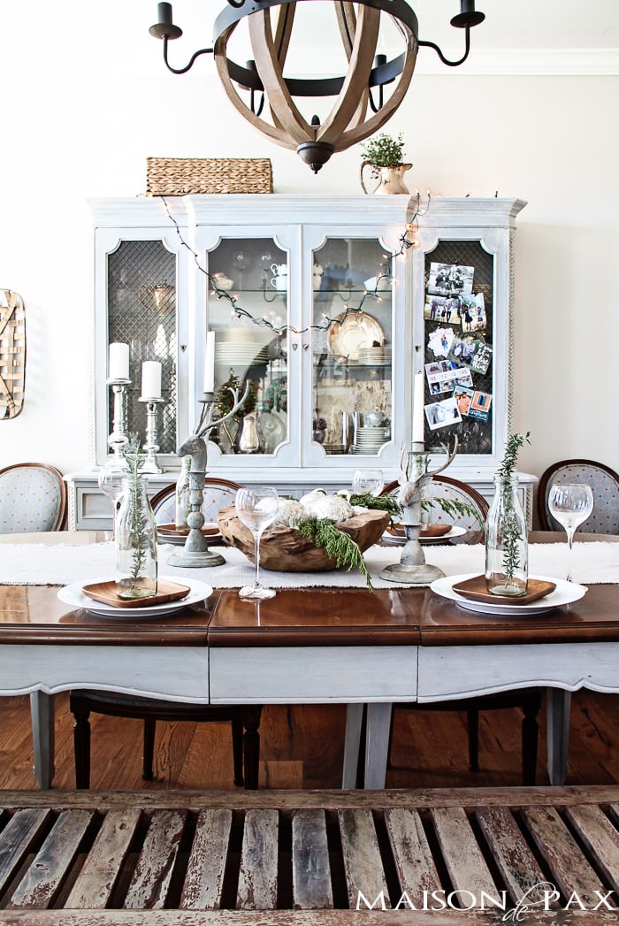 Gorgeous neutral dining room with French and rustic elements - decorated for Christmas holidays | maisondepax.com