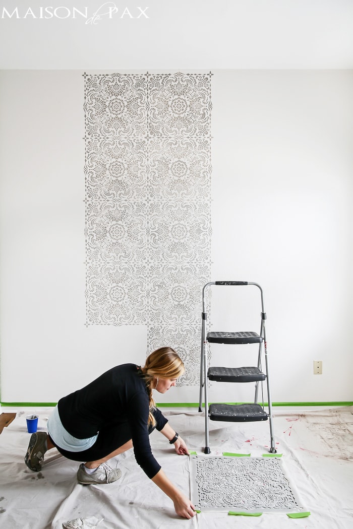 tip: wipe your wall stencil on your drop cloth in between placements to avoid smearing