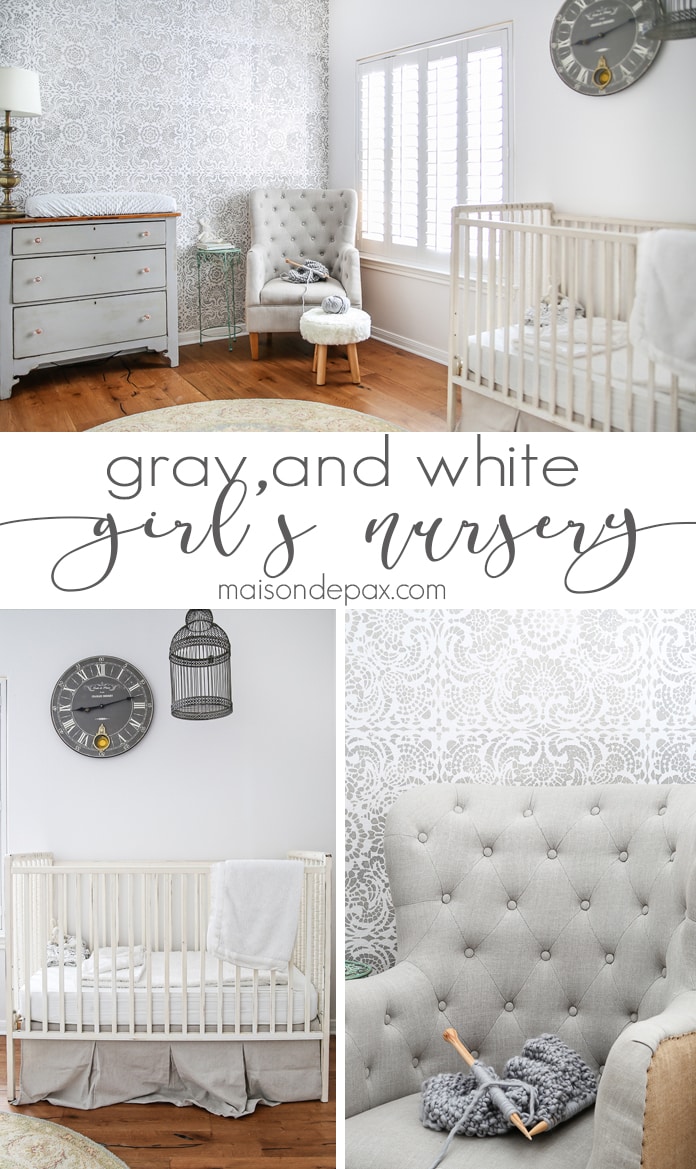 I just love this room! Gray and White Girl's Nursery: patterned stencil accent wall and soft gray and white textures create a beautiful, serene space for a little girl | maisondepax.com