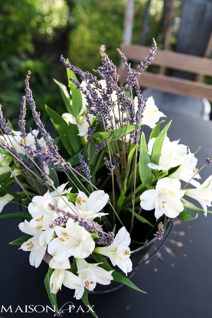 lavender and alstroemeria in a rustic bucket - such a simple and elegant centerpiece | maisondepax.com